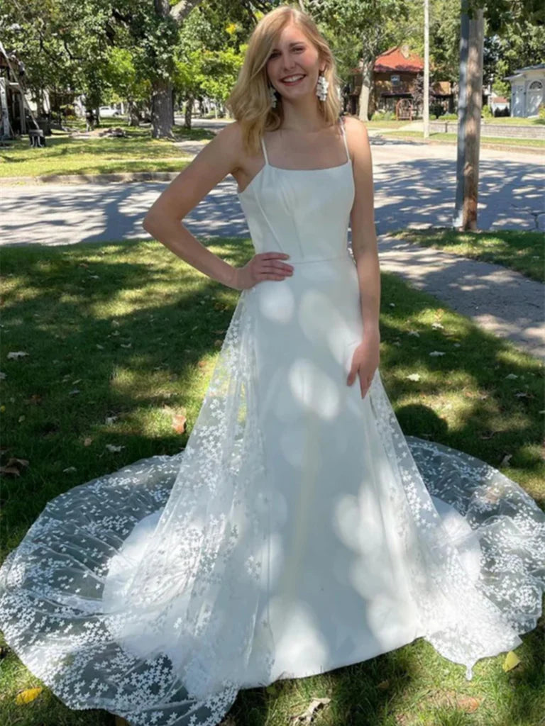 Unique design Cute A Line White Lace Long Evening Dresses with Train