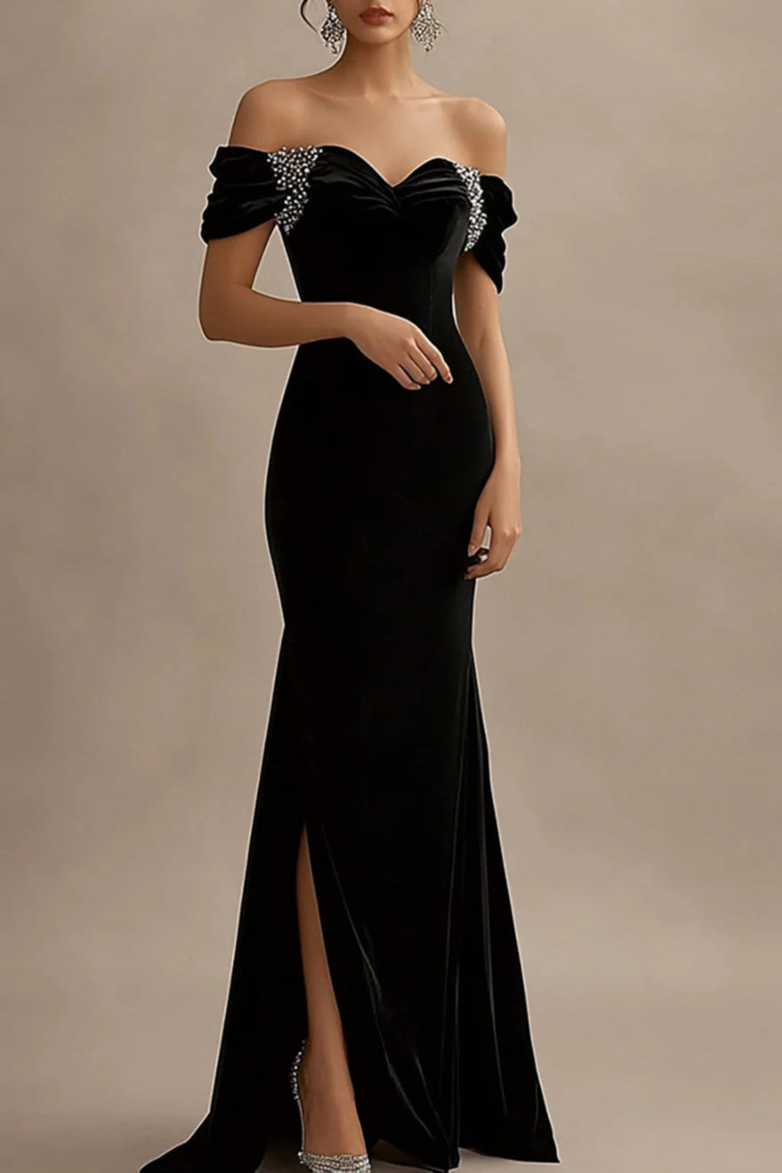 Off The Shoulder Sparkly Black Satin Long Evening Dress With Slit