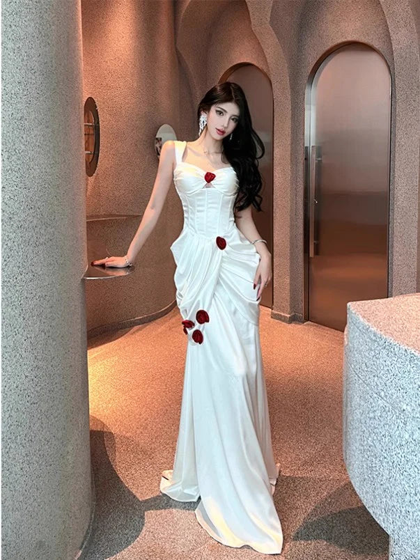 Mermaid Off-the-shoulder Long Prom Dresses Elegant White Satin Simple Formal Evening Dresses