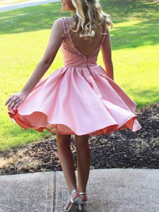 Bridelily A-Line Bateau Satin Sleeveless Knee-Length Homecoming Dresses With Ruffles