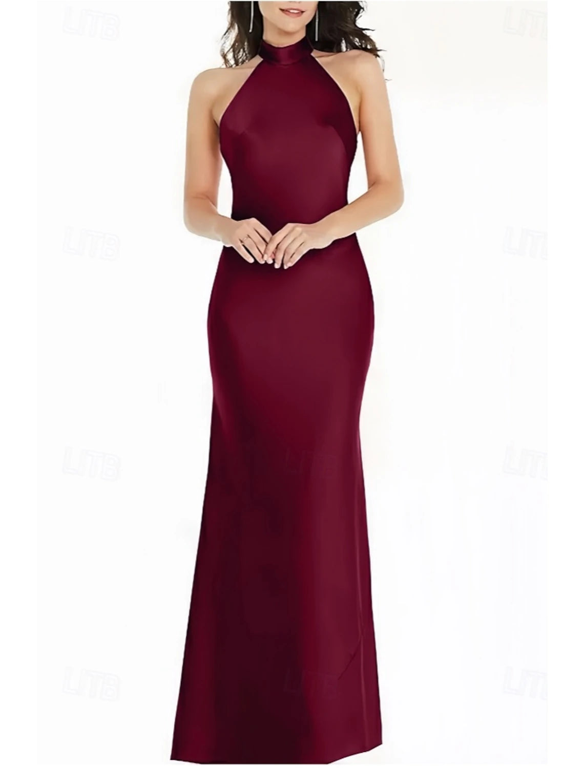 Trumpet Bridesmaid Dress Halter Neck Elegant Floor Short Sleeve Length Satin with Bow