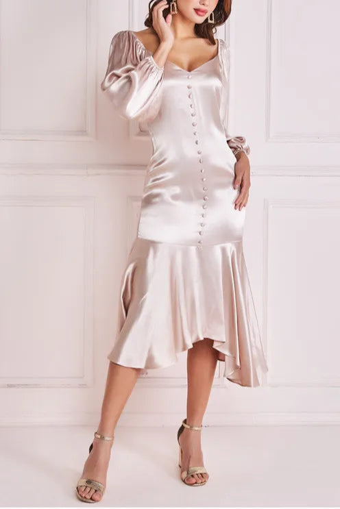 Satin Viscose Front Buttoned Dipped Hem Elegant and gentle Bridesmaids Midaxi Dress