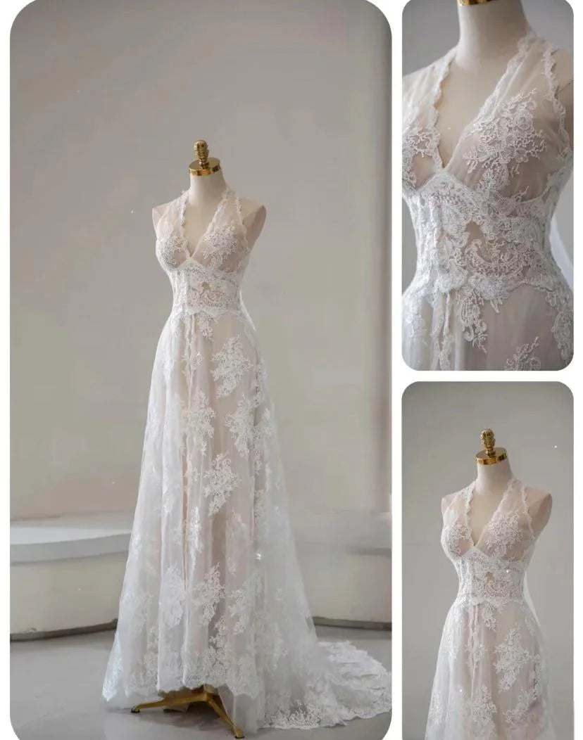 Elegant White Lace Applique Beaded A-line Vintage Retract Your Waist Wedding Dress