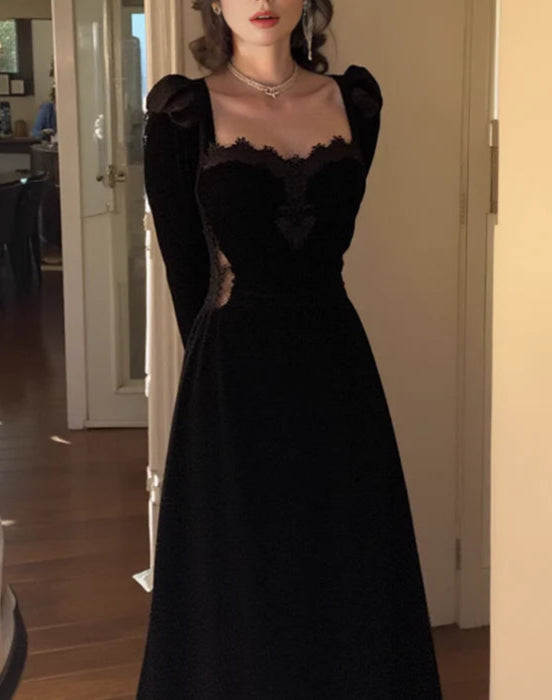 Hepburn style birthday dress daily party French temperament velvet black party dress