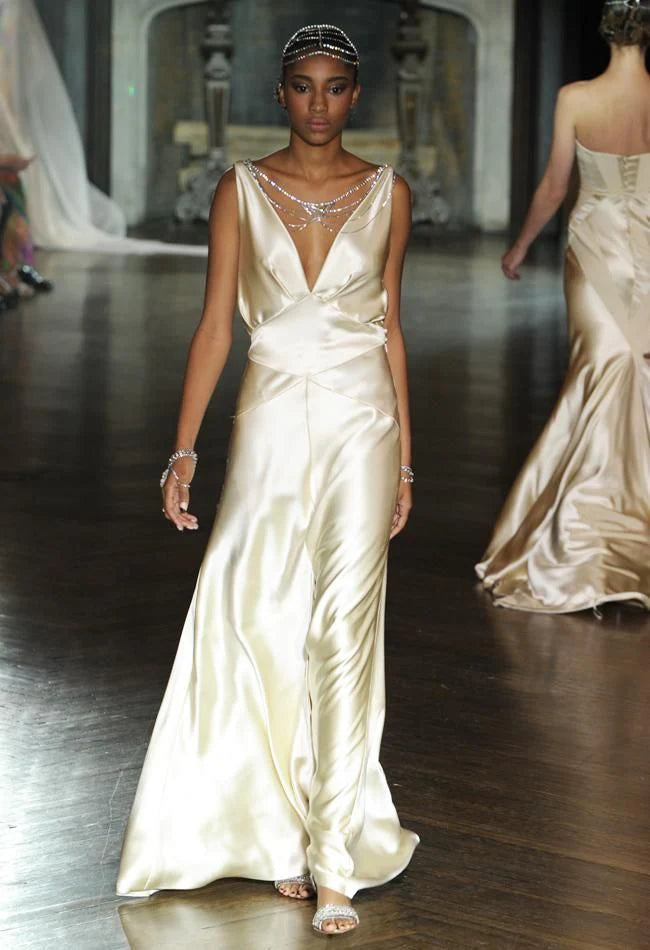 Simple A Line V Neck Light Champagne Satin Long Prom Dress