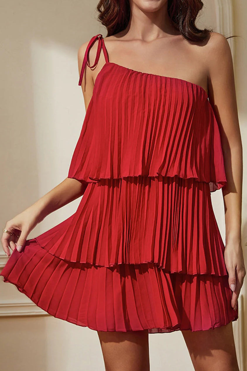 Unique design Red One Shoulder Pleated Tiered Sheath Short Party Dress