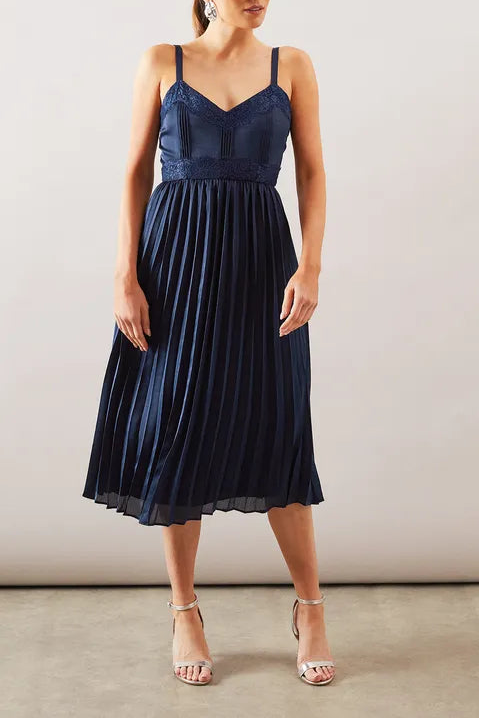 Lace Trim Pleated Strappy Midi Mother Of The Bride Outfits Dress