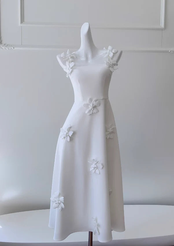 Appropriate color matching full of charm white suspender flower dress french party dress