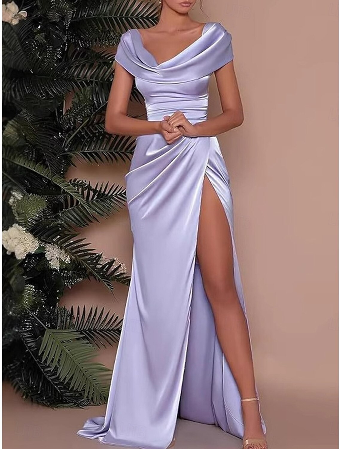 A-Line V Neck Bridesmaid Dress Short Sleeve Elegant Floor Length Nylon with Split Front