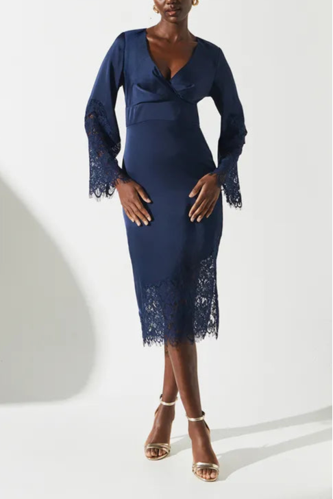 Lace Panelled Unique design Satin Wrap Mother Of The Bride Outfits Dress