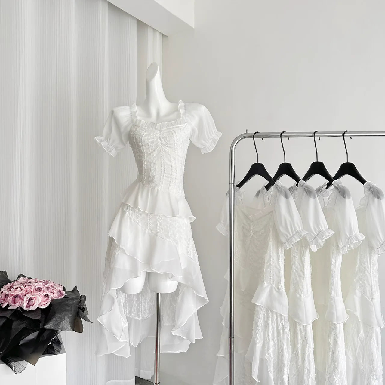 High Low Square Neckline White Sexy Lace Ruffles Dress Beach Homecoming Dresses