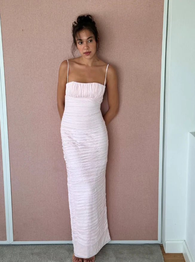 Elegant Sheath Spaghetti Strap Light Pink Satin Long Prom Dress