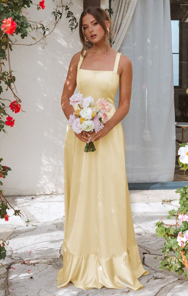 Butter Yellow A-Line Long Prom Dresses Straps Satin Elegant Bridesmaid Dresses