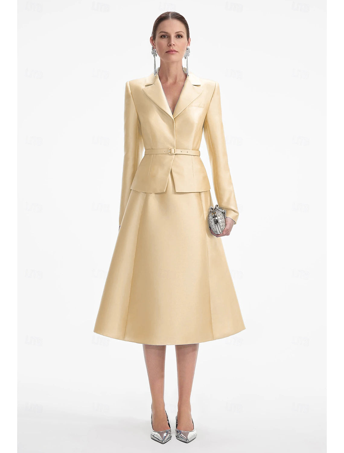 Two Piece A-Line Champagne Dress Tuxedo Dress Elegant V Neck Tea Length Satin Long Sleeve with Solid Color Derby Dresses 2025