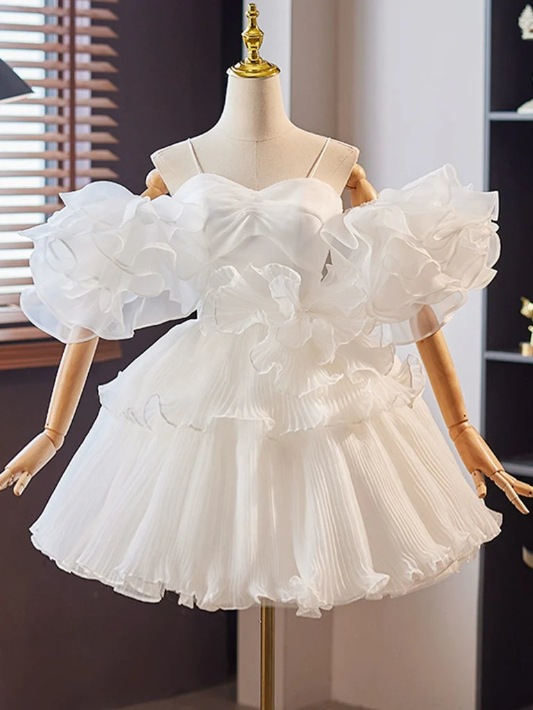 White Sweetheart Neck Organza Short Prom Dress, Unique design Homecoming Dress