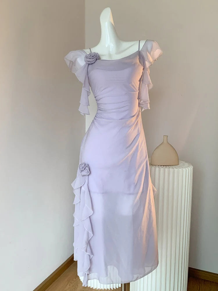 Elegant Light Purple Straps A-Line Chiffon Ruffle Unique design Party Dresses