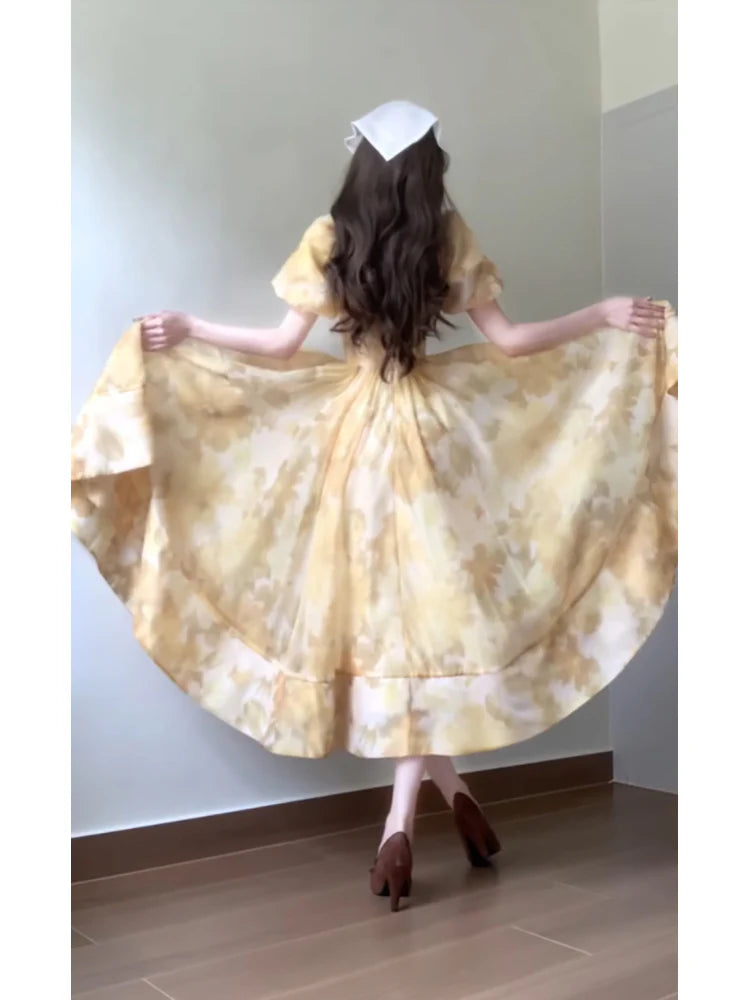 A line Square Neckline Yellow Holiday Dress Floral Birthday Dresses Sexy French Birthday Outfits