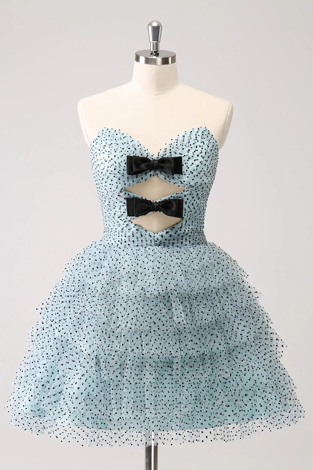 Blue A Line Tiered Dotted Strapless Retract Your Waist Homecoming Dress With Bows
