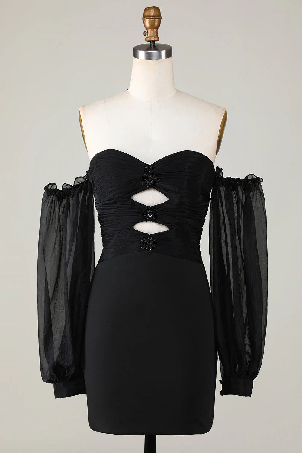 Off The Shoulder Unique design Keyhole Black Homecoming Dress With Beading