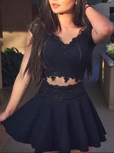 Bridelily A-Line V-Neck Sleeveless Lace Satin Two Piece Short Homecoming Dresses