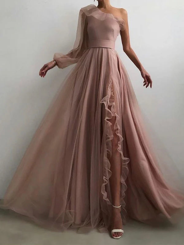 Pink One Shoulder A-line Dusty Elegant Modest Formal Long Prom Dresses