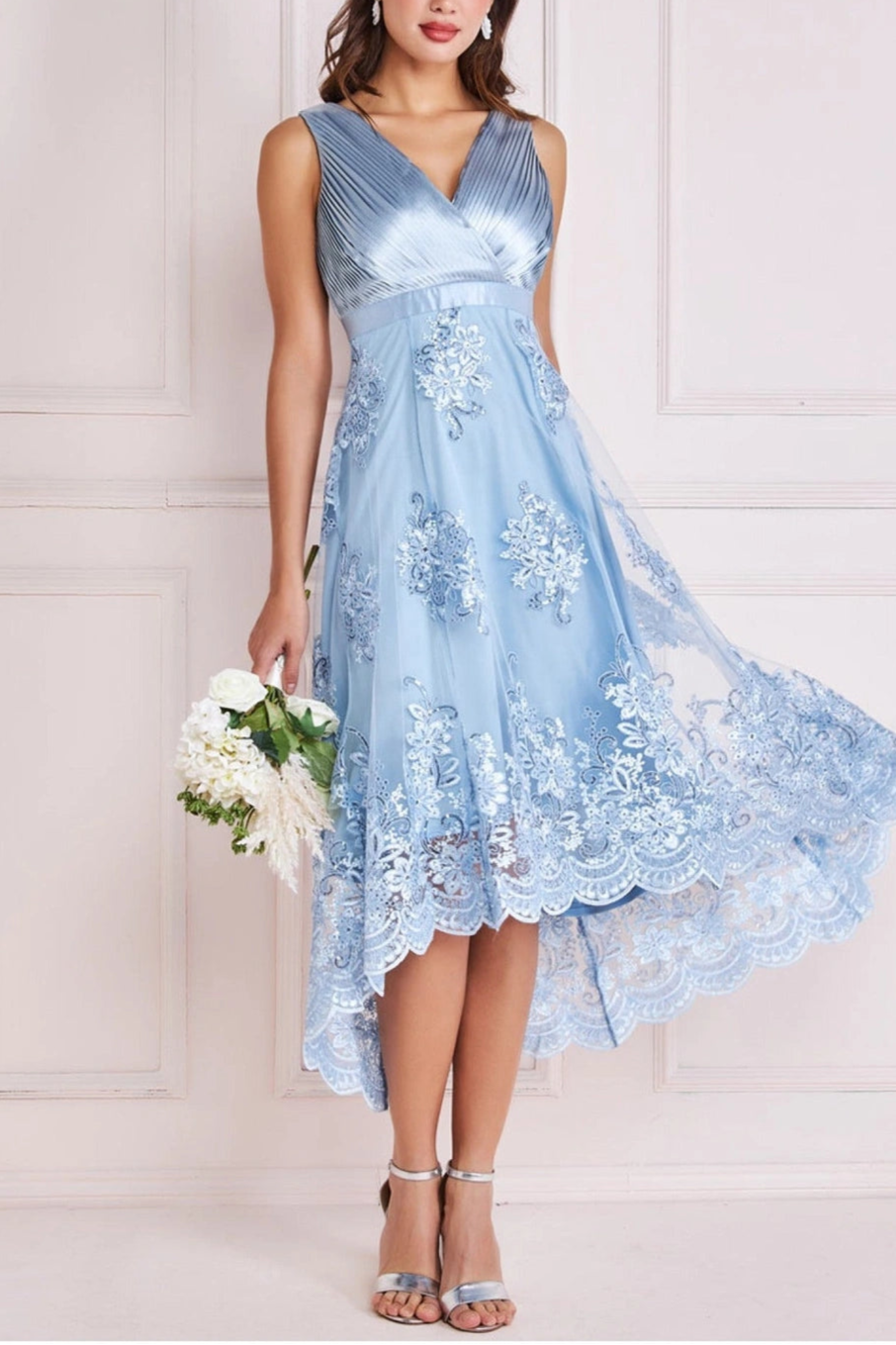 Pleated Satin V Neck High And Low Midi Mother Of The Bride Outfits Dress