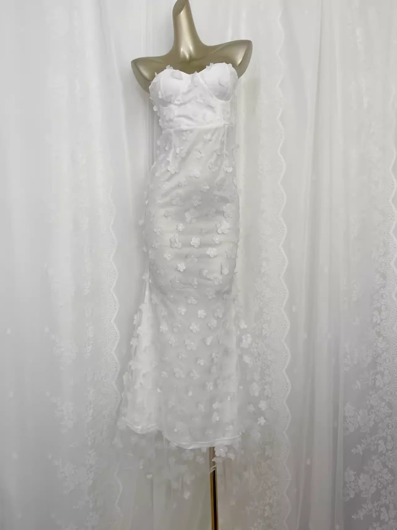 Sheath Strapless White Vacation Dress Flowers Unique design Vintage Party Dresses