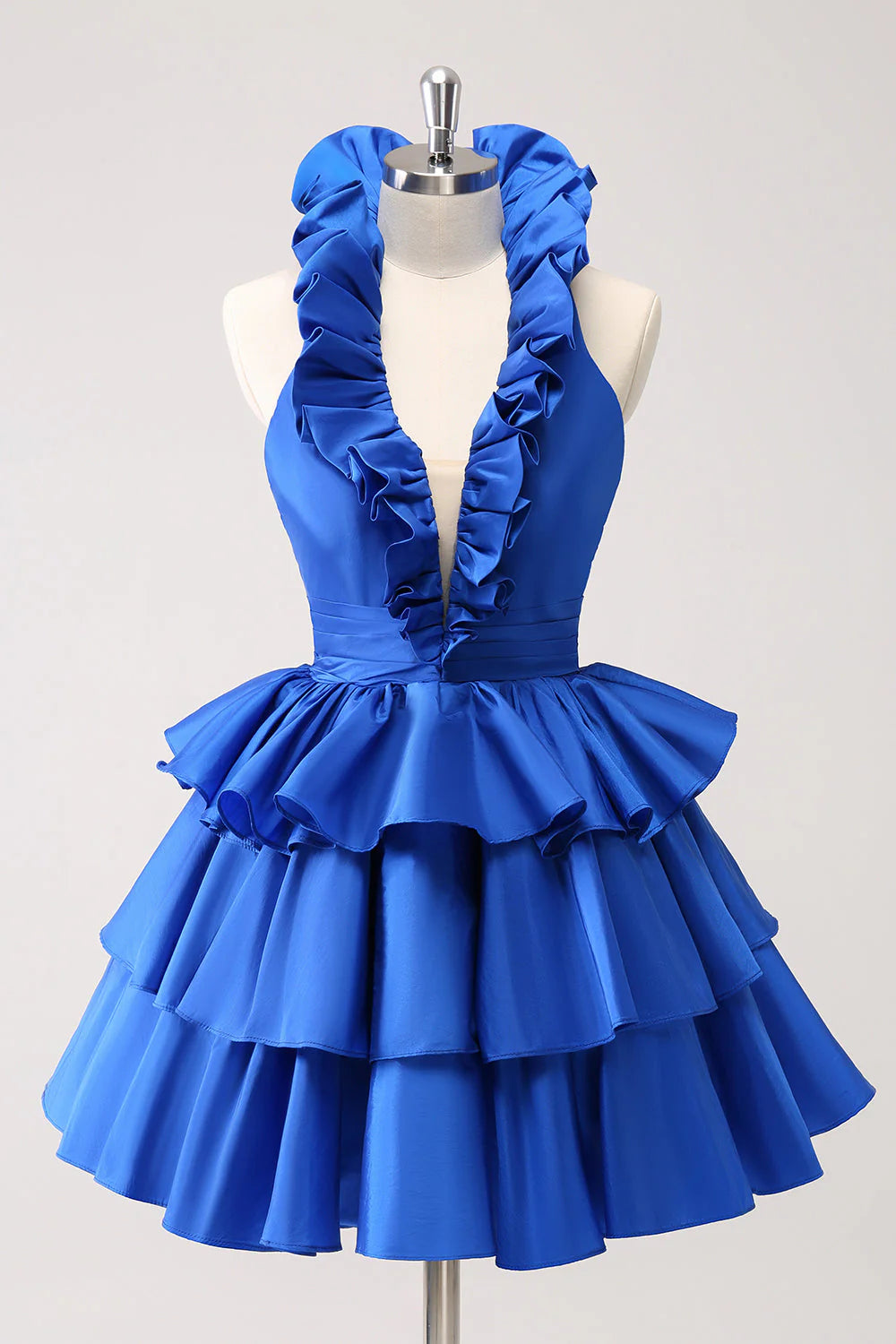 Royal Blue A-Line Halter Tiered Short Retract Your Waist  Homecoming Dress With Ruffles