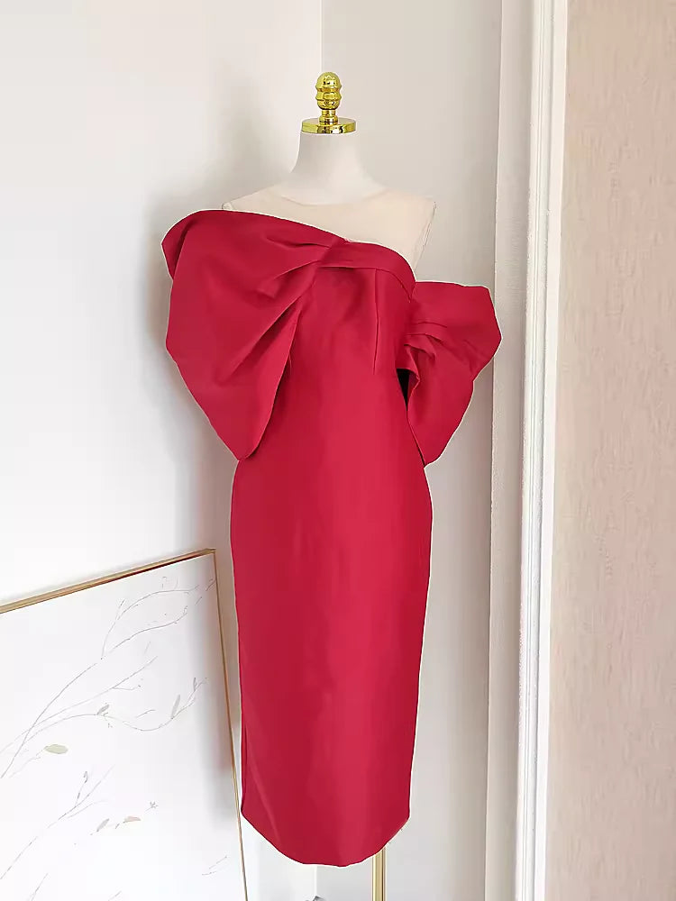 Sexy Sheath Strapless Red Vacation Dress Slim-fit Satin Women Prom Dresses