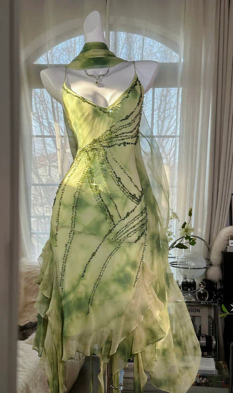 Green A Line Spaghetti Strap Beaded Ruffle Chiffon Short Party Dress