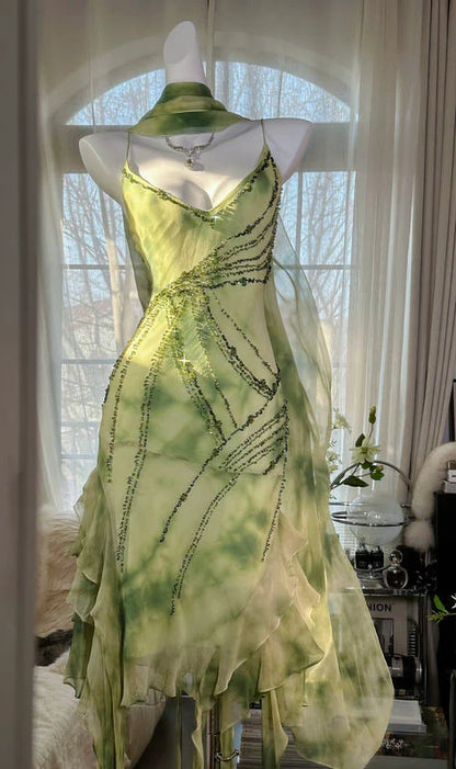 Green A Line Spaghetti Strap Beaded Ruffle Chiffon Short Party Dress