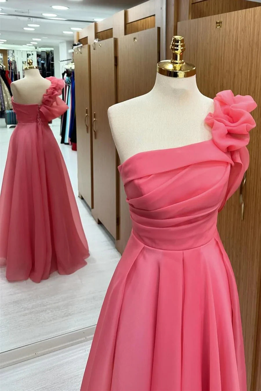 Pink One-Shoulder Chiffon Pleated Long Prom Dress Elegant Evening Dress
