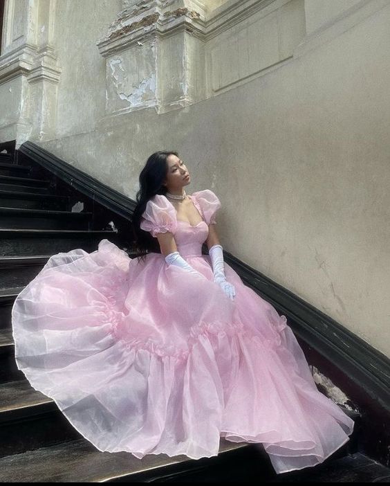 Unique design Vintage A-line Prom Dress Pink Retract Your Waist Organza Princess Dress