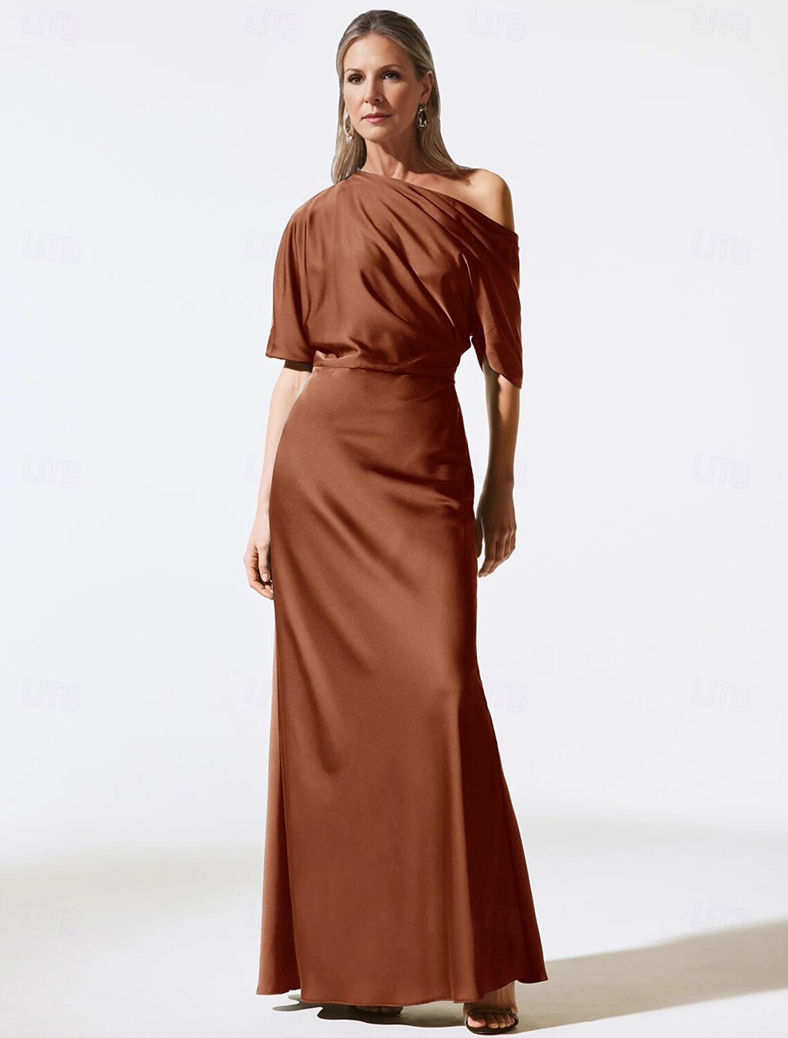 Sheath Dress Wedding Guest Dress Elegant Off Shoulder Floor Length Satin Short Sleeve with Ruched Solid Color