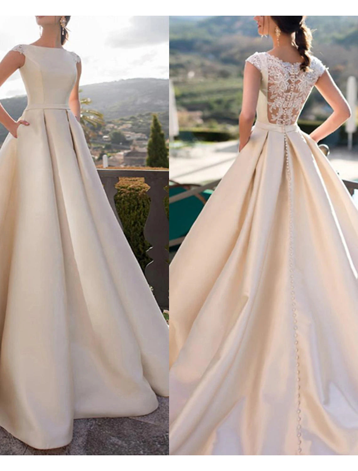 A-Line Scoop Neck Hall Royal Style Wedding DressesSleeveless Court Train Satin Bridal Gowns With Pearls Appliques