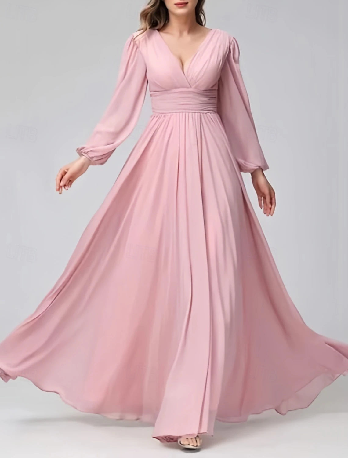 A-Line Bridesmaid Dress V Neck Long Sleeve Elegant Floor Length Chiffon with Pleats Ruching