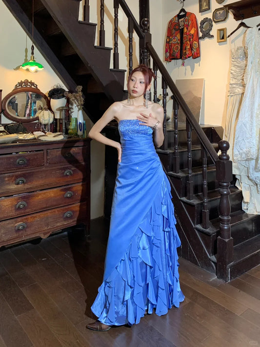Vintage A Line Strapless Beaded Sequin Ruffle Blue Satin Long Party Dress