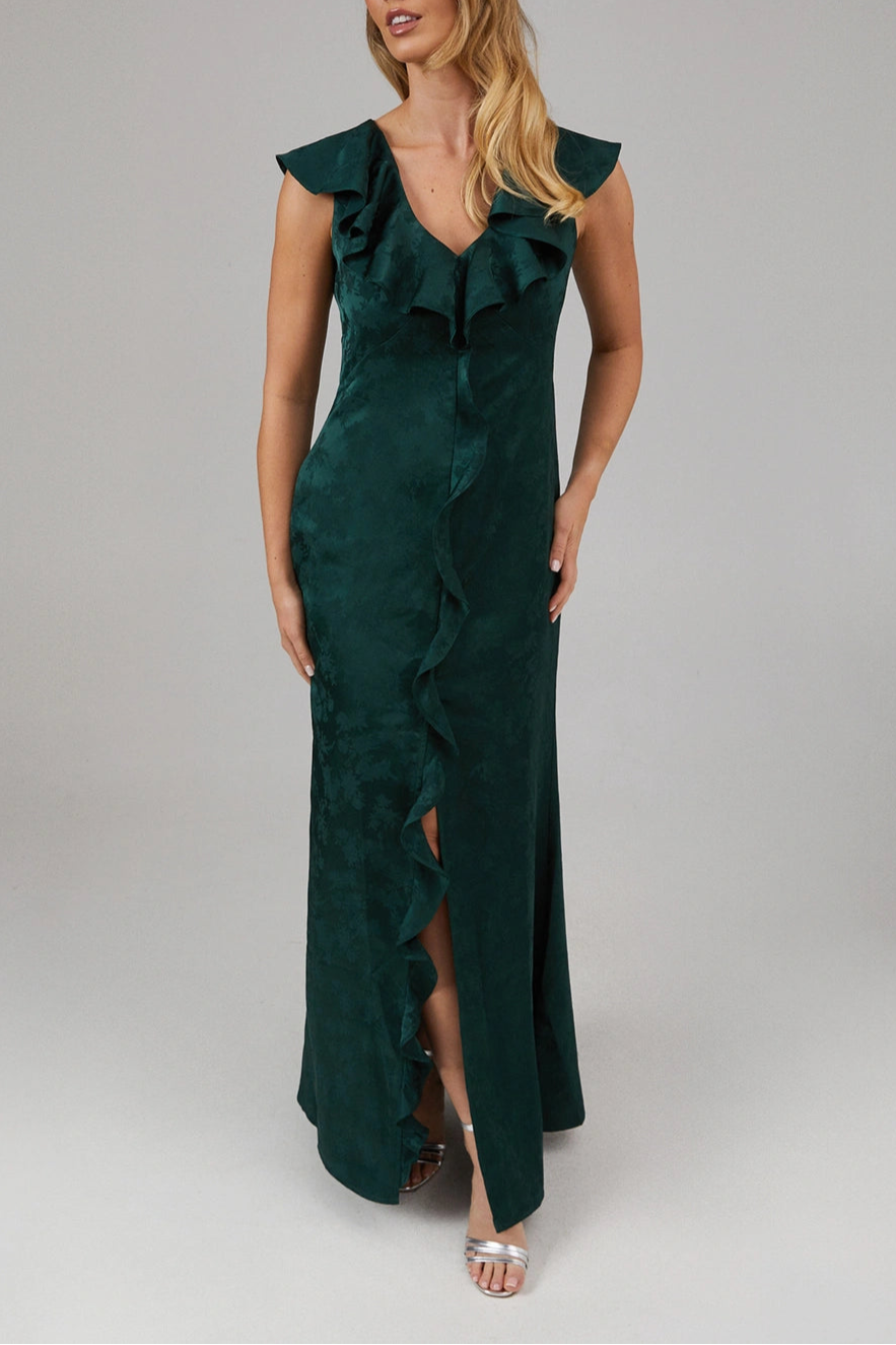 Satin Jacquard Ruffle V Neck  Retract Your Waist Sleeveless Bridesmaids Dress