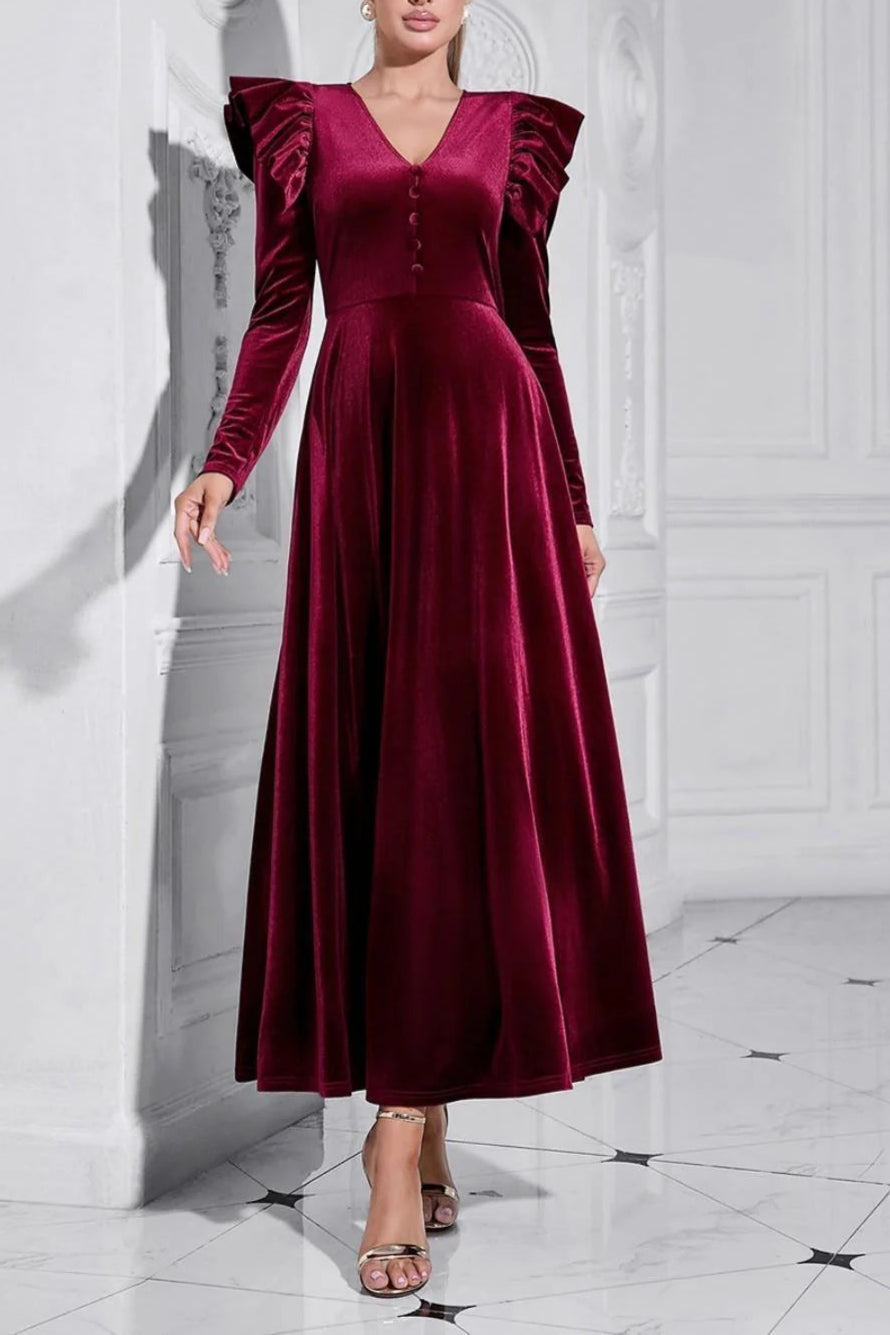Appropriate color matching A Line V Neck Burgundy Ruffled Long Velvet Prom Dress