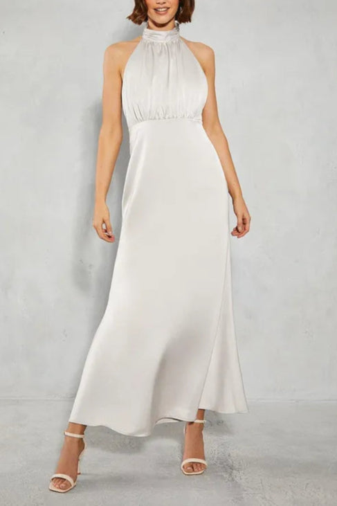 Unique design Satin Halter Retract Your Waist Bias Cut Maxi Bridesmaids Dress