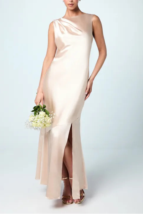Sleeveless Tie Back One-Shoulder Full of charm Satin Bridesmaids Dress
