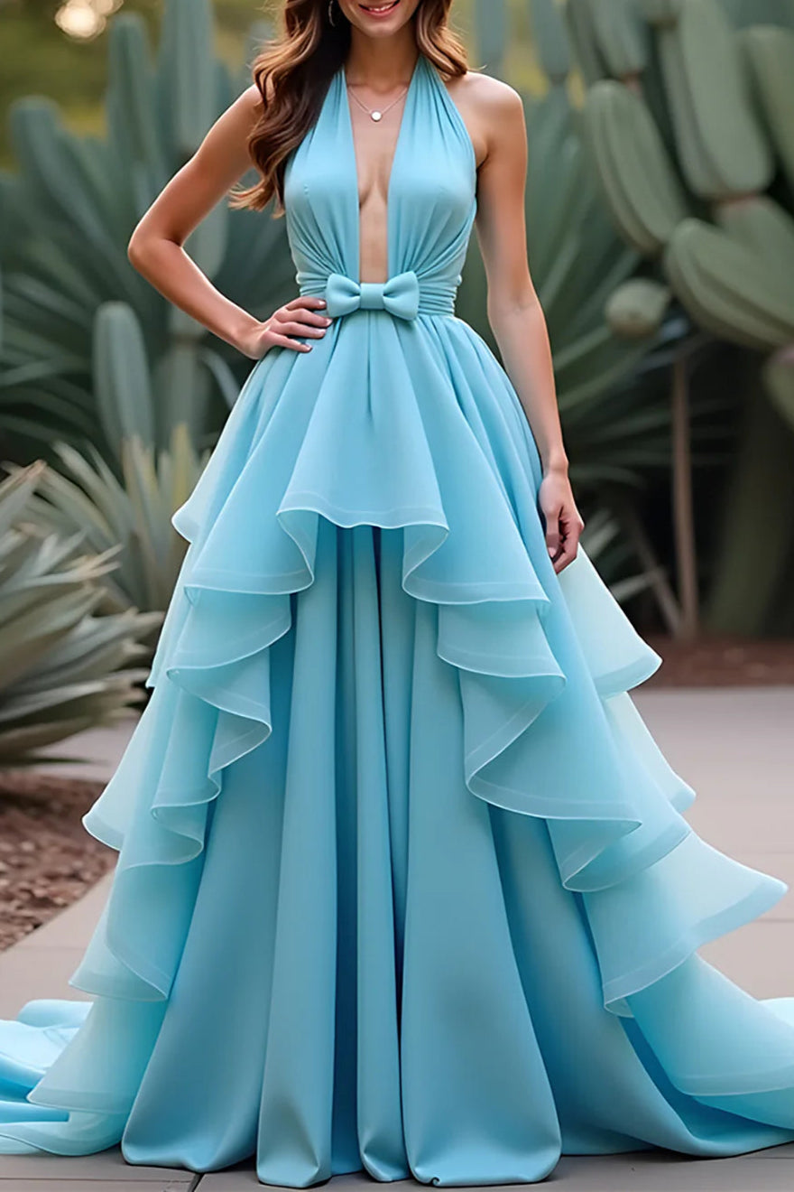 Unique design Halter Neck Blue Ball Gown Long Prom Dress With Ruffles