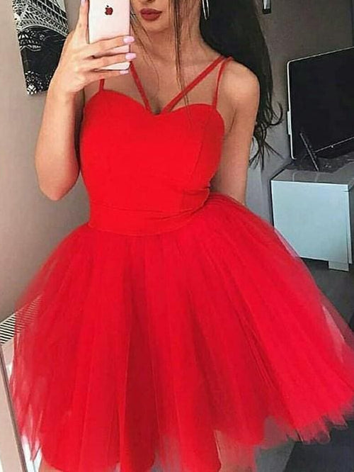 Bridelily A-Line Tulle Spaghetti Straps Sleeveless Retract Your Waist Mini Dresses