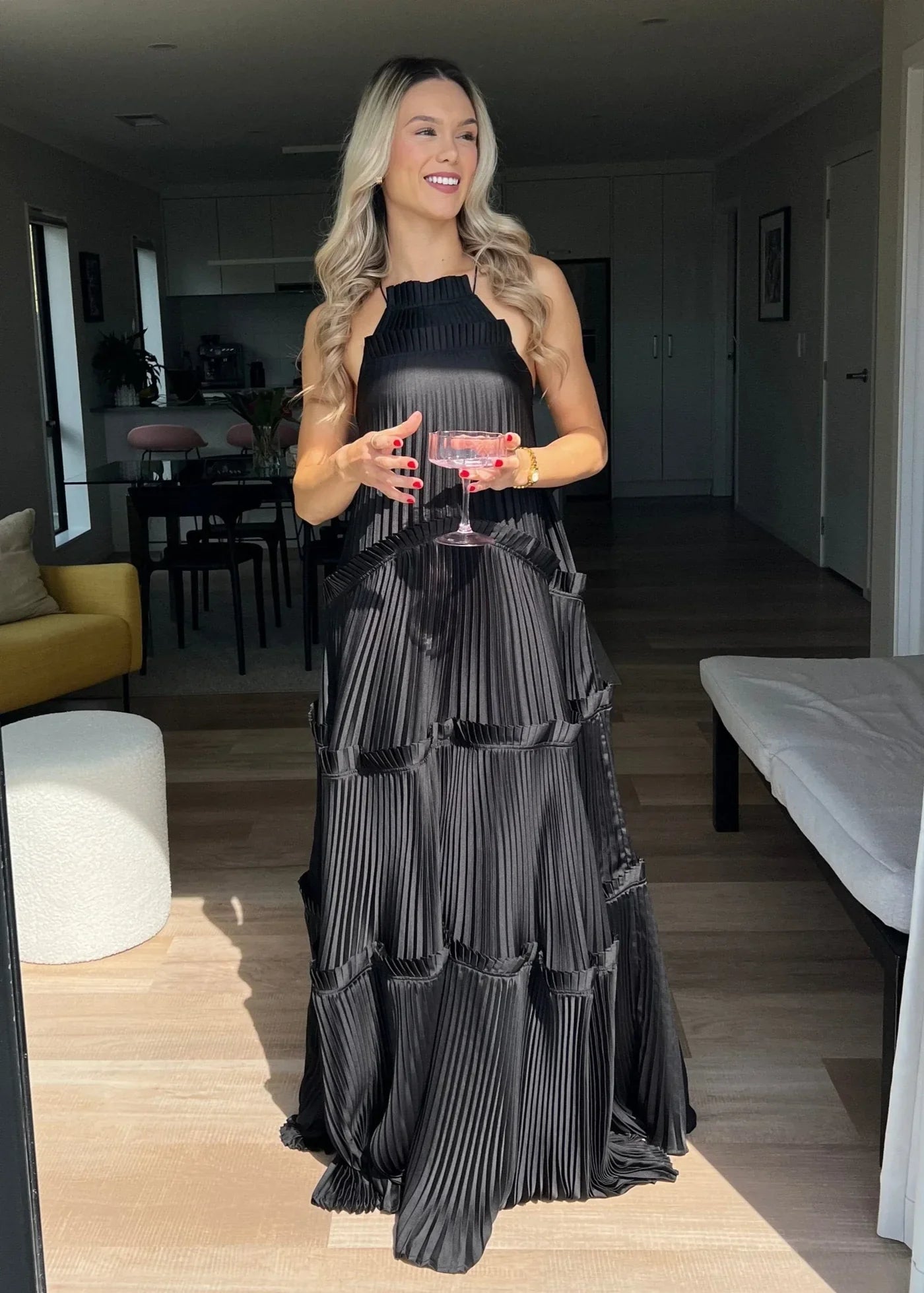 Sexy A Line Halter Black Satin Open Back Prom Dress Unique design Evening Dress