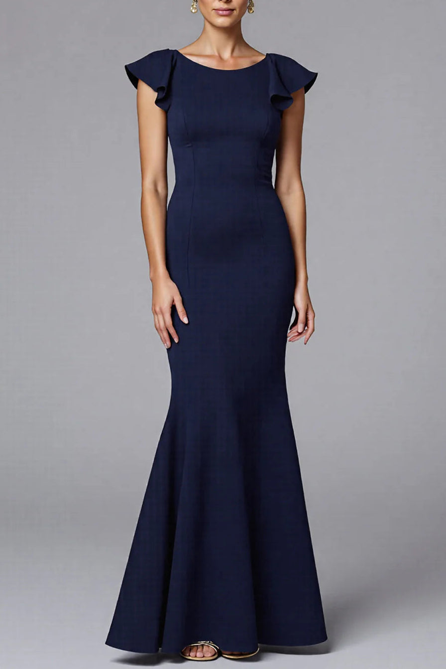 Elegant Navy Boat Neck Satin Long Evening Formal Dress With Ruffles