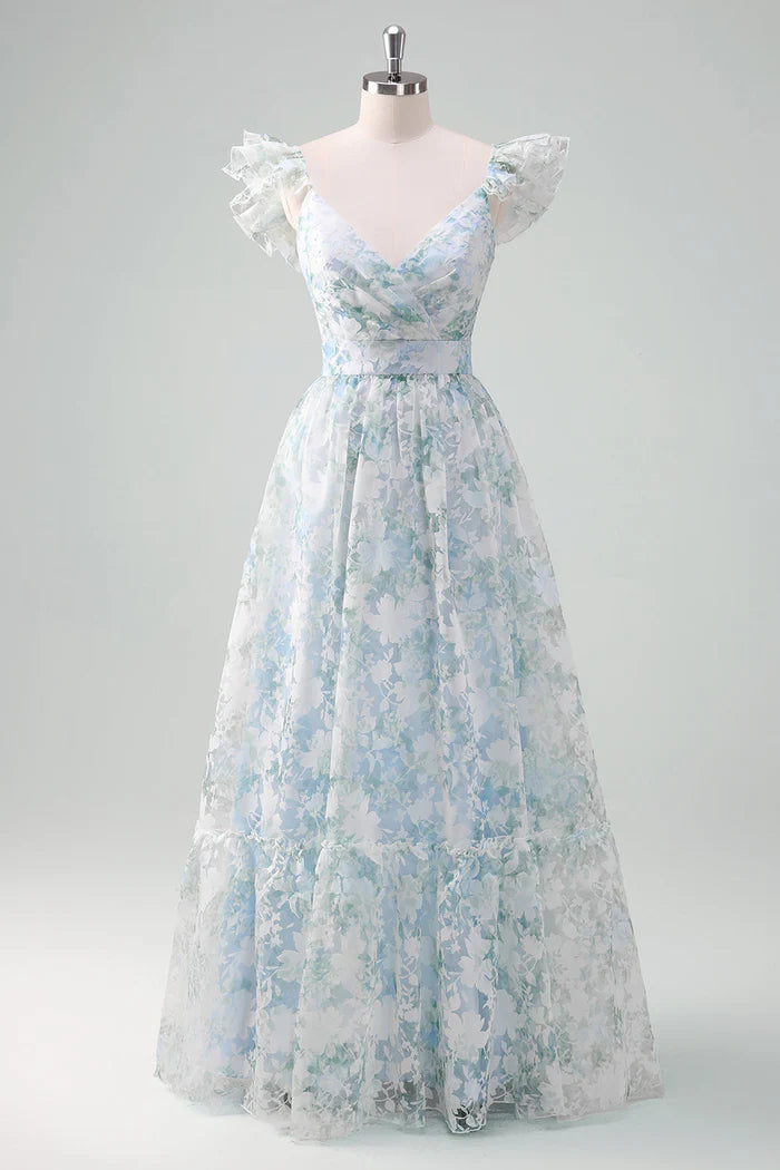 A-Line Cap Sleeves Light Blue Flower Printed Long Prom Dress
