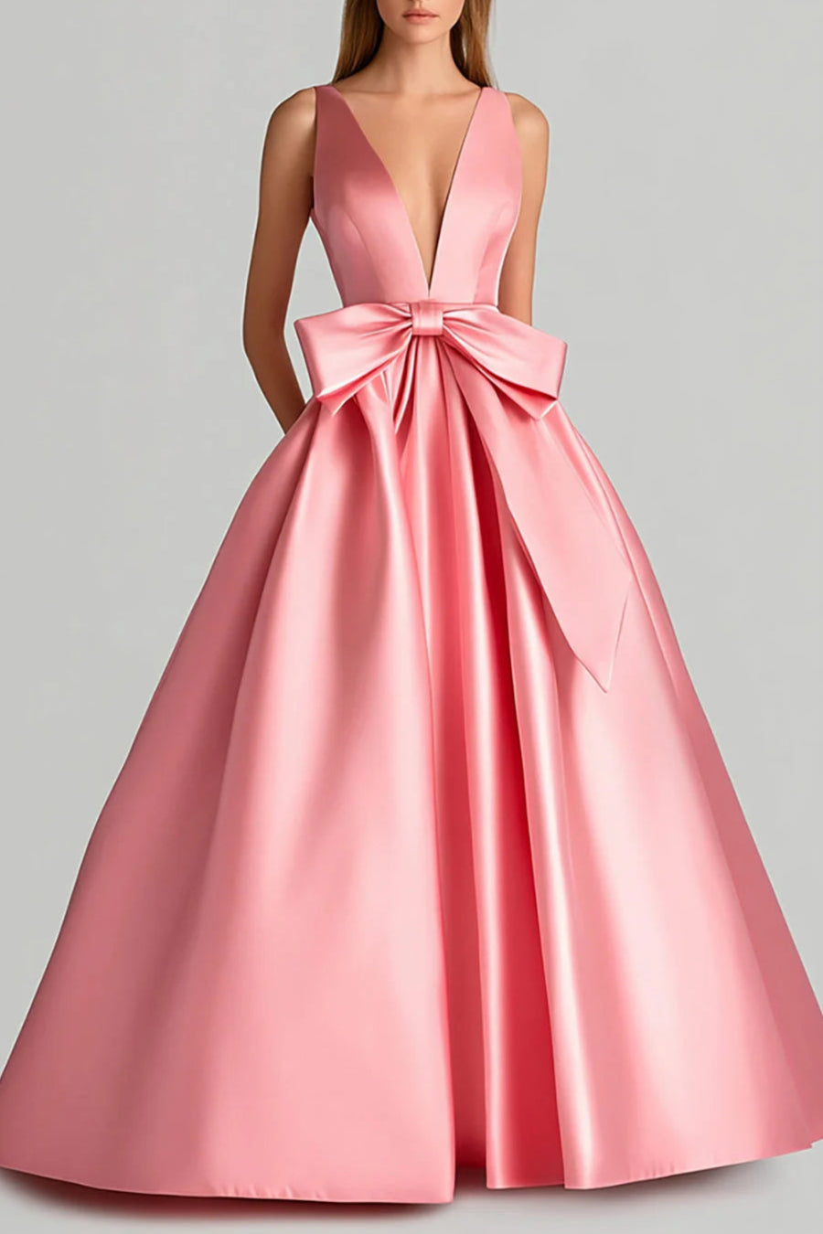 Pink Deep V-Neck Ball Gown Long Prom Dress With Bowknot