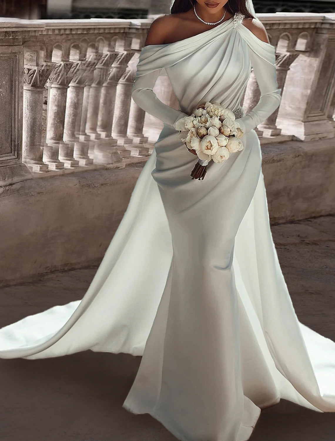 Long Sleeve Formal Wedding Dresses Two Piece One ShoulderFloor Length Satin Bridal Gowns With Sash