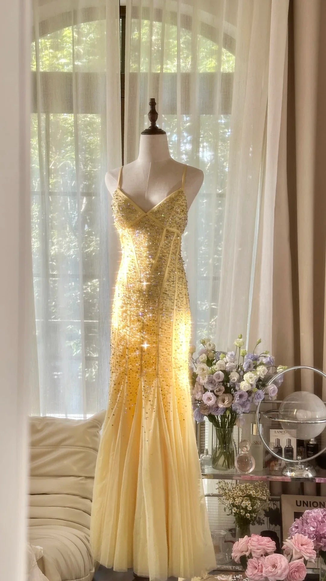 Light Yellow Mermaid Spaghetti Strap Sequin Beaded Chiffon Open Back Party Dress