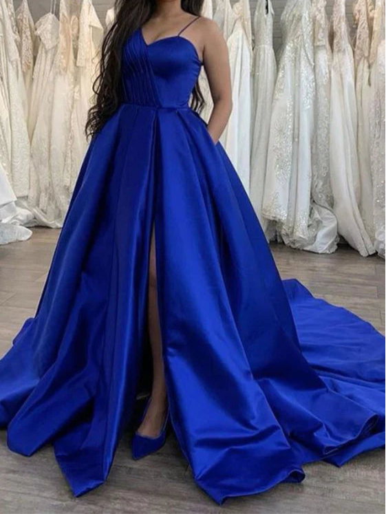 Blue Satin Unique Modest Hot A-line Royal Long Prom Dresses